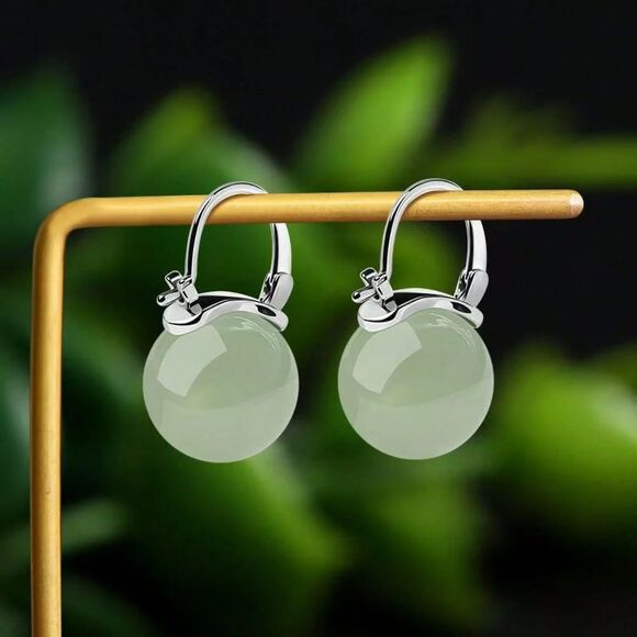 Round Green Jade Ball Drop Earrings Silver Secure Clasp Classic Stylish Fashion - Picture 1 of 7